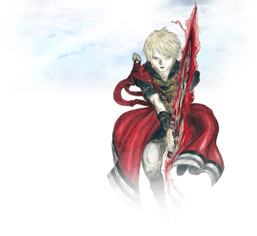 1boy, amano_yoshitaka, blonde_hair, blue_eyes, boots, clouds, final_fantasy, final_fantasy_brave_exvius, highres, official_art, rain_(ff_be), simple_background, solo, sword, weapon, white_background