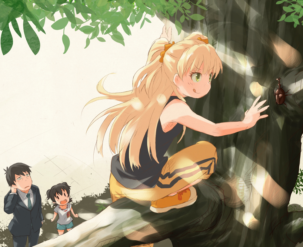 1boy, 2girls, :q, akagi_miria, beetle, black_hair, black_shirt, blonde_hair