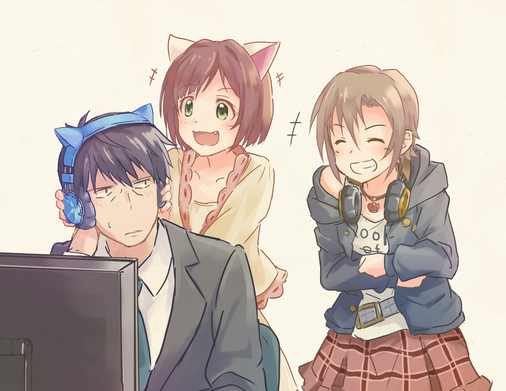 1boy, 2girls, :3, ^_^, animal_ears, belt, black_hair, brown_hair