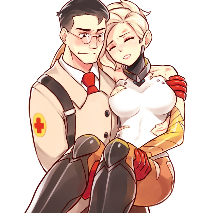 1boy, 1girl, bare_shoulders, black_hair, blonde_hair, blue_eyes, blush, bodysuit