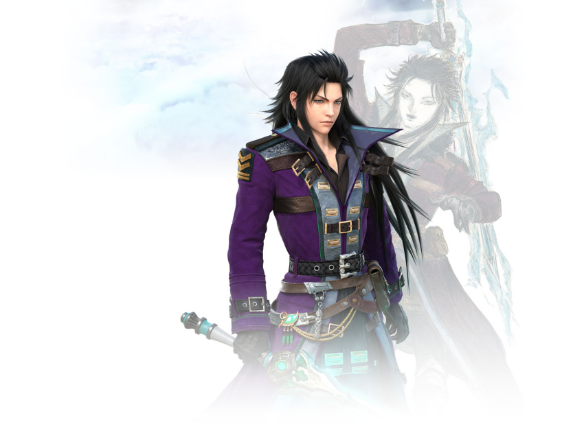 1boy, 3d, amano_yoshitaka, black_hair, blue_eyes, clouds, final_fantasy, final_fantasy_brave_exvius