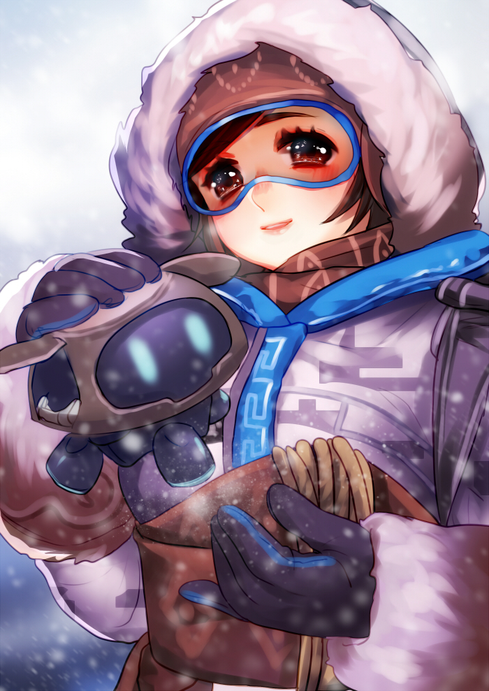 1girl, anyezi, brown_eyes, coat, fur_coat, fur_trim, glasses, mei_(overwatch)