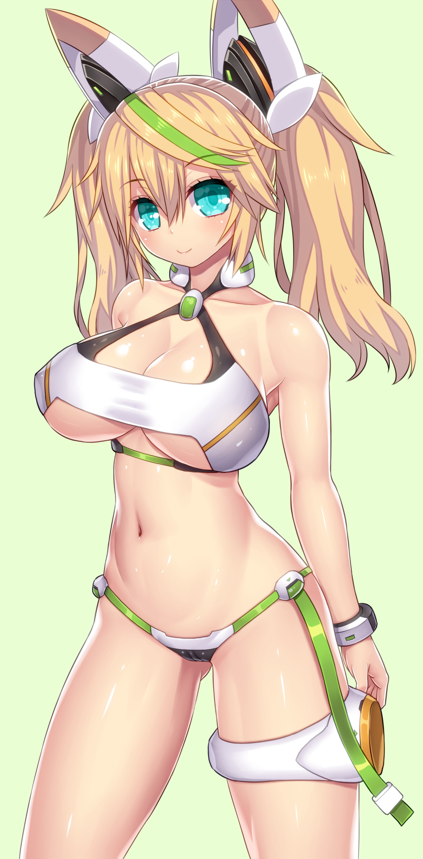 1girl, absurdres, aqua_eyes, aqua_hair, asamura_hiori, bare_shoulders, bikini, blonde_hair