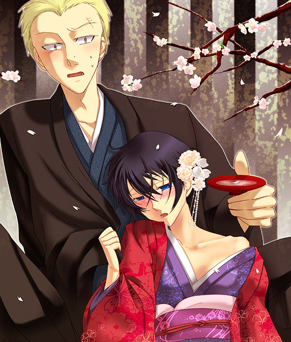 blonde_hair, blue_hair, blush, drunk, japanese_clothes, persona, persona_4, scar
