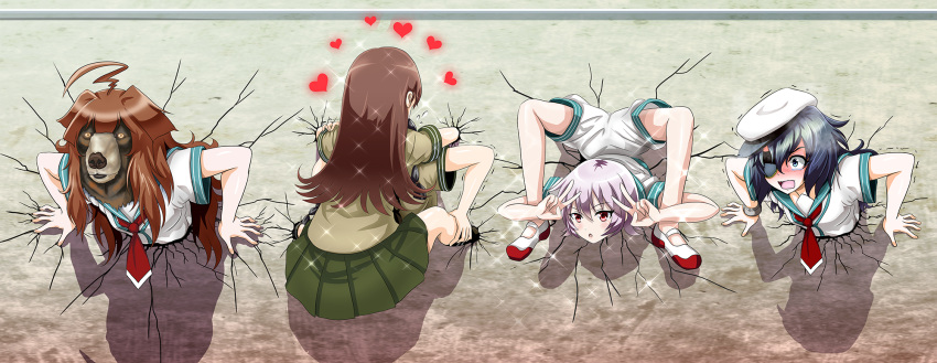 5girls, :<, :o, ahoge, arm_grab, arm_support, bangs, bear_mask