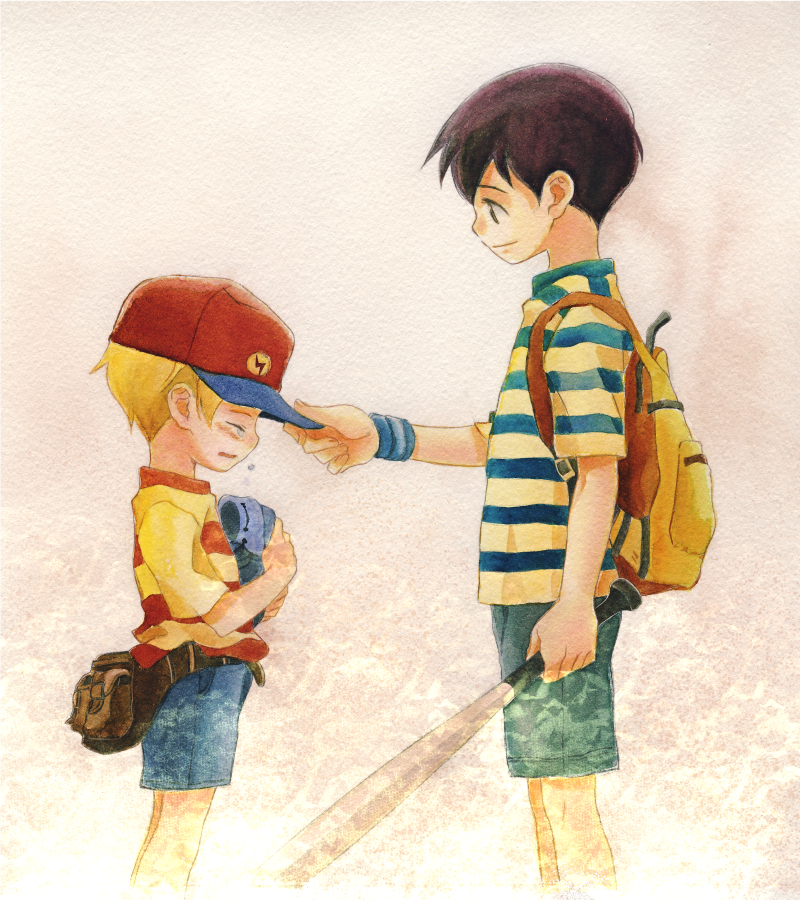 2boys, backpack, bag, baseball_bat, baseball_cap, black_hair, blonde_hair, brown_eyes