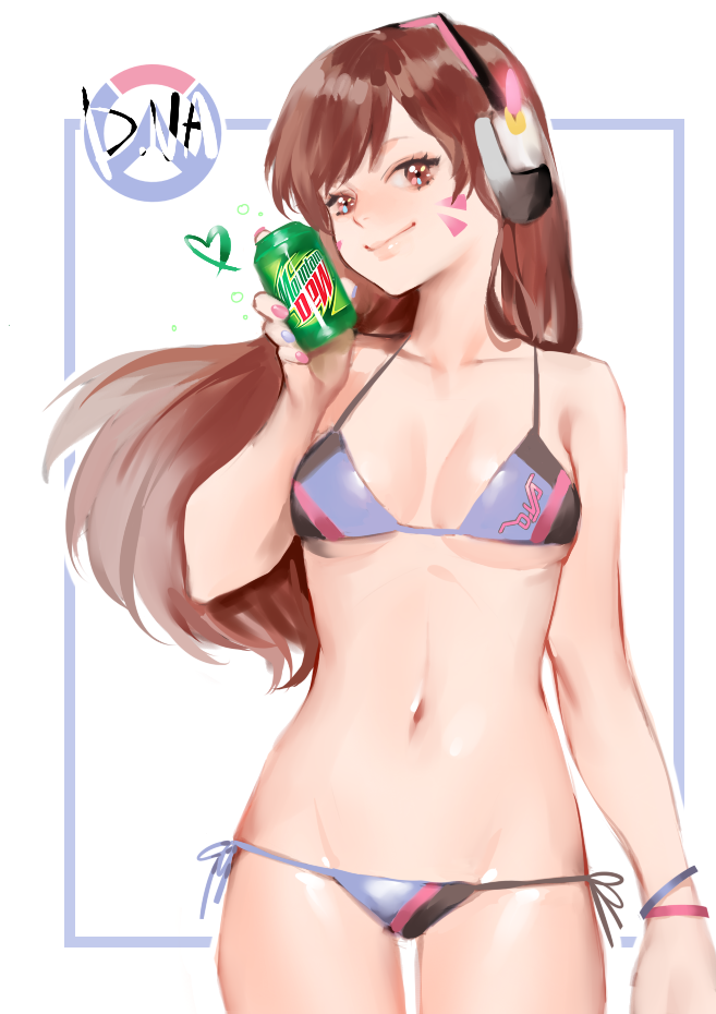 1girl, a_(2341779), adapted_costume, bikini, brown_eyes, brown_hair, d.va_(overwatch), facial_mark, headphones, long_hair, looking_at_viewer, lowleg, lowleg_bikini, mountain_dew, nail_polish, overwatch, side-tie_bikini, smile, soda_can, solo, swimsuit, whisker_markings