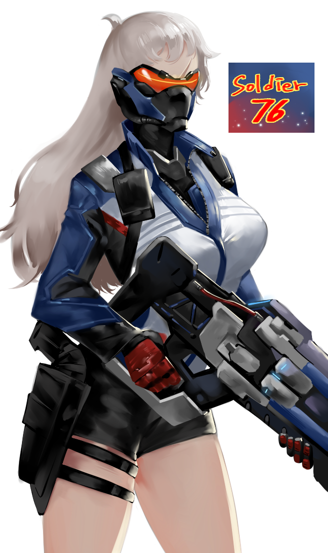 1girl, a_(2341779), character_name, face_mask, genderswap, genderswap_(mtf), gun, holster, jacket, long_hair, mask, overwatch, scar, shorts, soldier:_76_(overwatch), solo, thigh_holster, thigh_strap, visor, weapon, white_hair