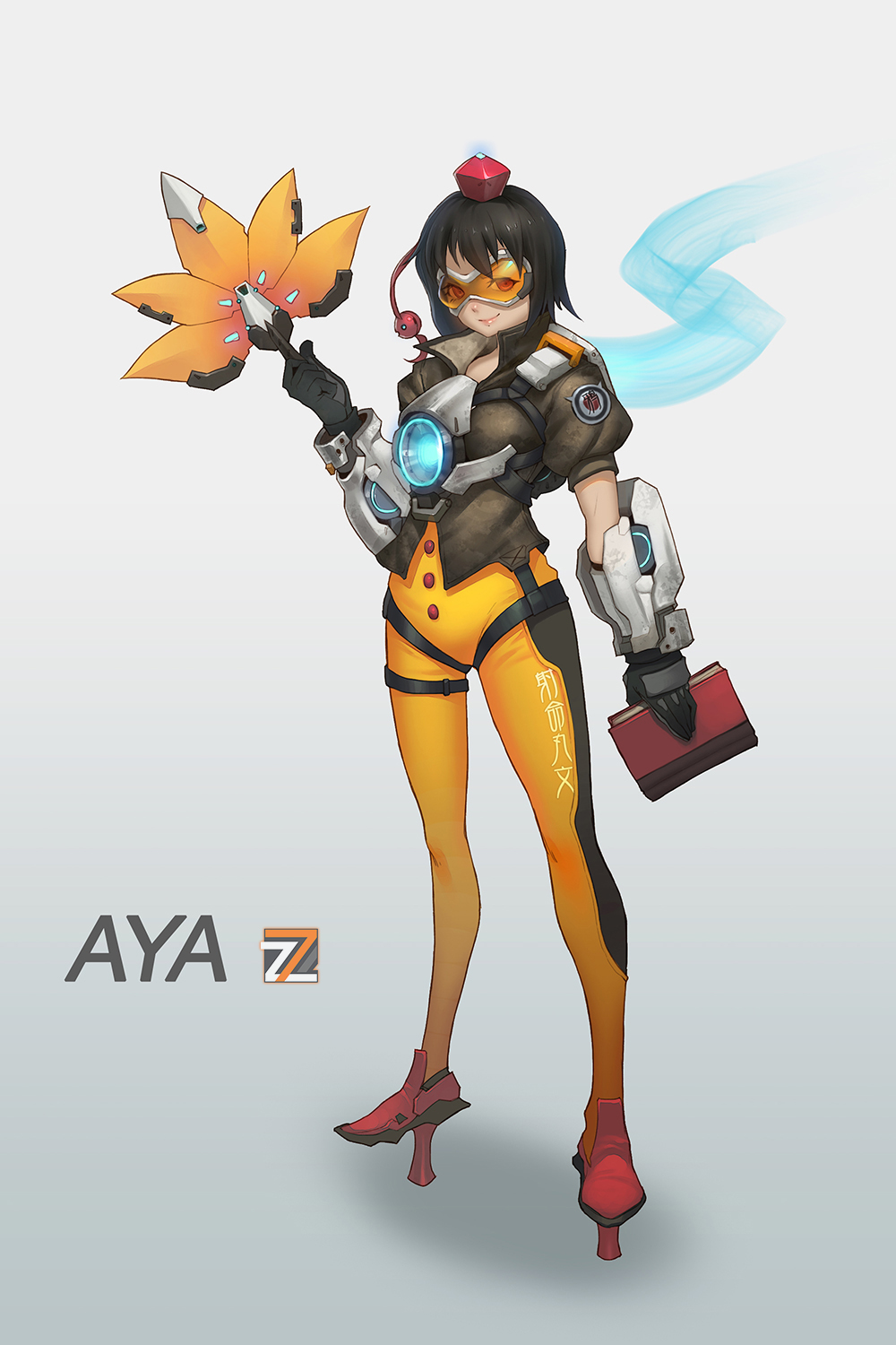 1girl, blizzard_(company), bodysuit, crossover, fan, gloves, goggles, hat