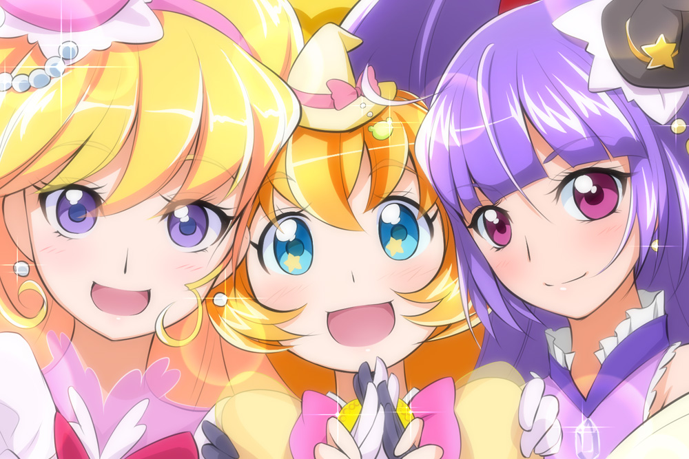 3girls, :d, asahina_mirai, black_hat, blonde_hair, blue_eyes, blush, bow