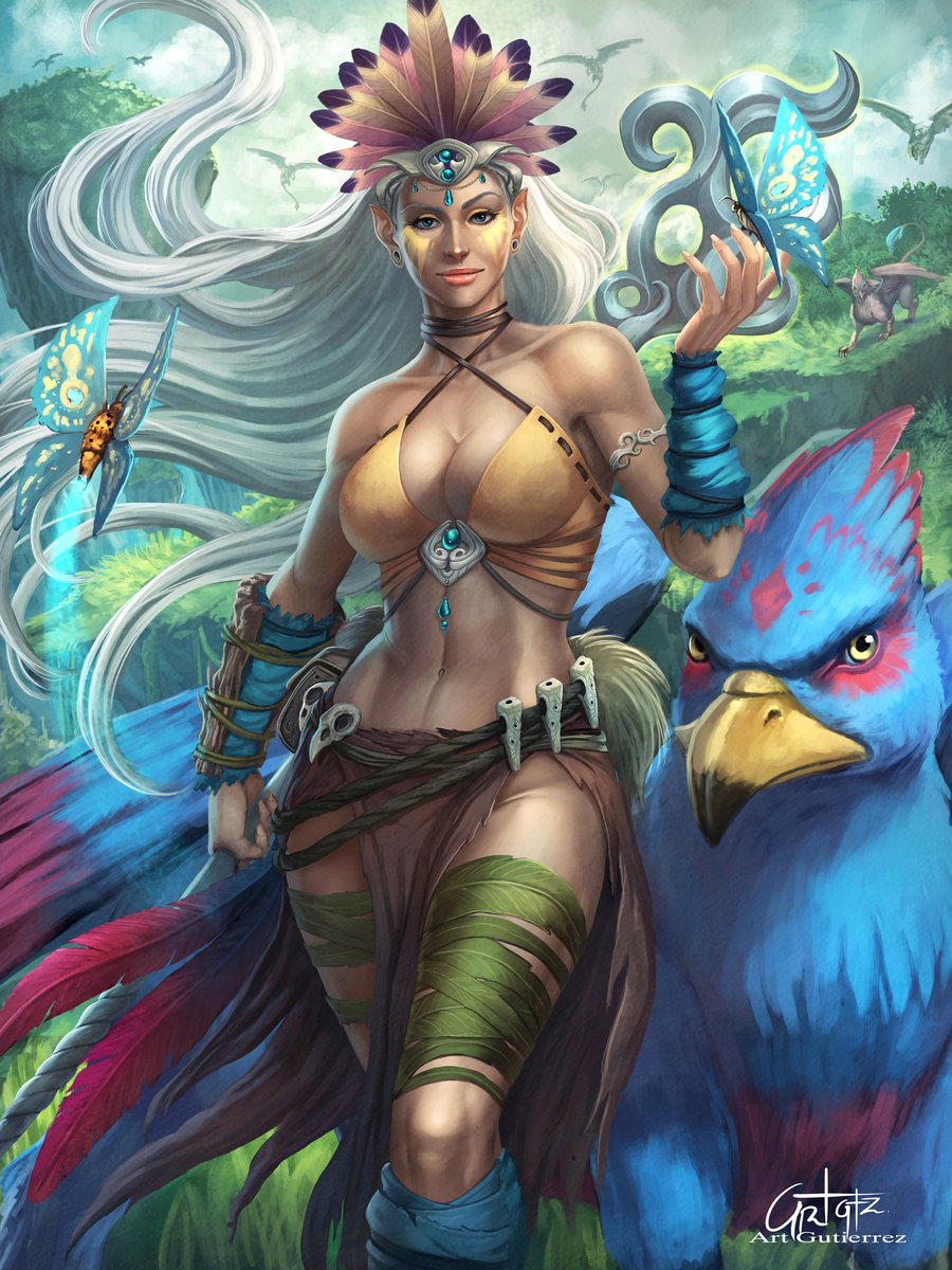 1girl, arm_wrap, armlet, artist_name, arturo_z._gutierrez, bikini_top, blue_eyes, bracelet, breasts, butterfly, butterfly_on_hand, cleavage, clouds, criss-cross_halter, dark_skin, ear_piercing, earrings, eyelashes, eyeliner, facepaint, facial_tattoo, feathers, floating_hair, floating_island, griffin, halter_top, halterneck, headdress, highres, holding, holding_staff, jewelry, large_breasts, leaf, light_smile, lips, long_hair, looking_at_viewer, makeup, mascara, midriff, nature, navel, original, outdoors, pelvic_curtain, pendant, piercing, pointy_ears, signature, sky, solo, staff, tattoo, tiara, toned, tree, tribal, very_long_hair, wavy_hair, white_hair