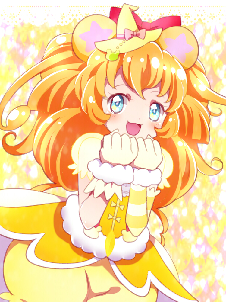 1girl, animal_ears, arm_warmers, bear_ears, blue_eyes, cowboy_shot, cure_mofurun, hat