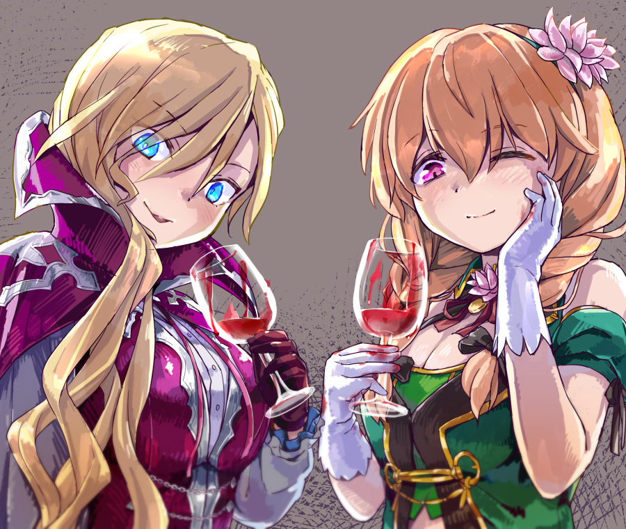 2girls, 3678177, belladonna_(flower_knight_girl), black_bow, blonde_hair, blood, blue_eyes, bow