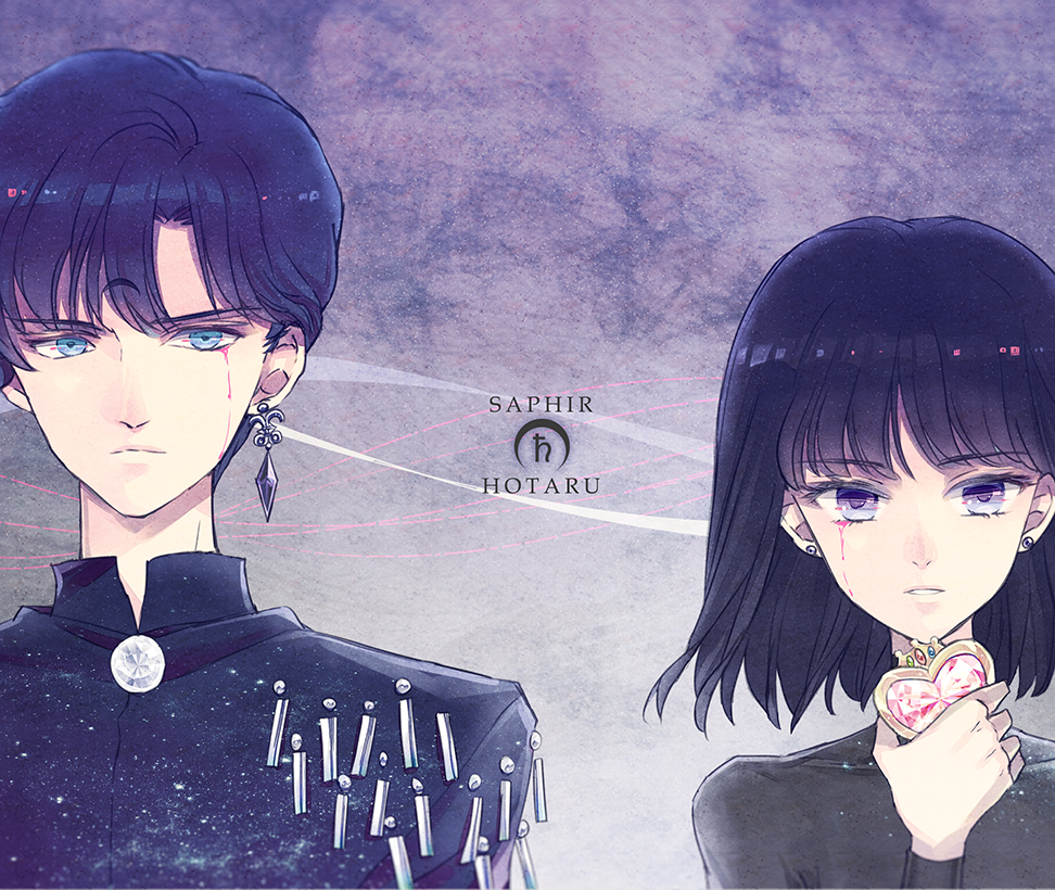 1boy, 1girl, bishoujo_senshi_sailor_moon, black_hair, black_moon_clan, black_shirt, blood, bloody_tears