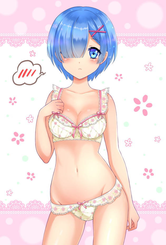 1girl, :<, arm_at_side, blue_eyes, blue_hair, blush, bow, bow_bra, bow_panties, bra, breasts, cleavage, collarbone, cowboy_shot, floral_print, hair_over_one_eye, hand_on_own_chest, lace_background, lingerie, looking_at_viewer, medium_breasts, navel, panties, re:zero_kara_hajimeru_isekai_seikatsu, rem_(re:zero), short_hair, solo, spoken_blush, underwear, underwear_only, x_hair_ornament, yukise_akito
