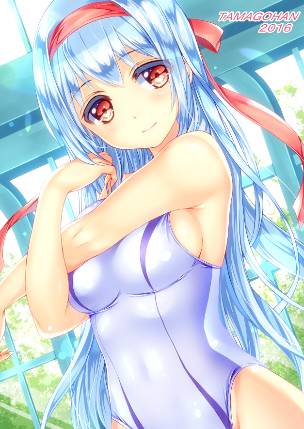 1girl, 5han, blue_hair, competition_swimsuit, headband, kantai_collection, long_hair, one-piece_swimsuit