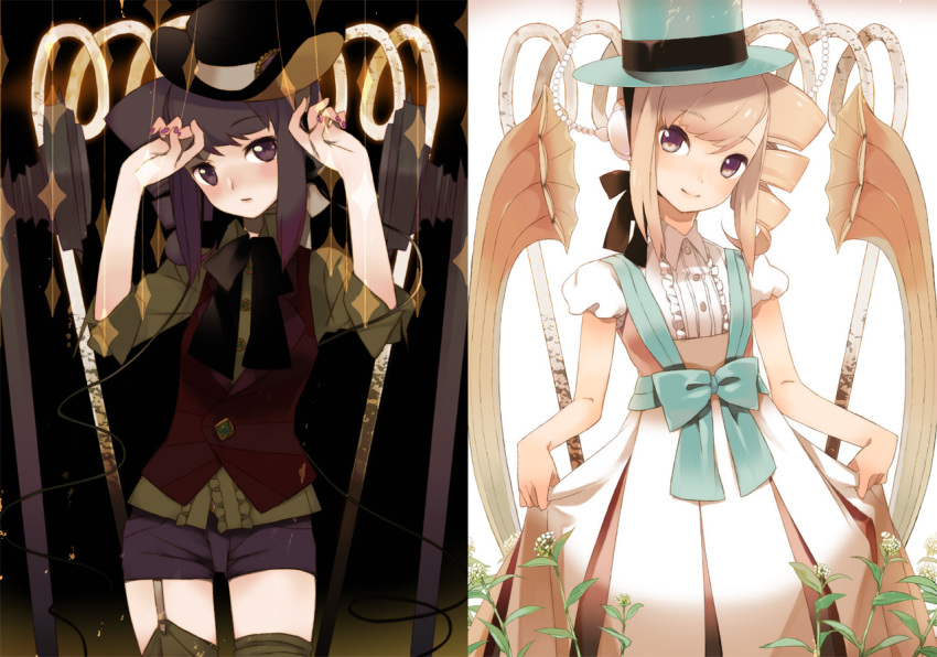 blush, brown_eyes, dress, drill_hair, garter_belt, hat, komagarita, komagata
