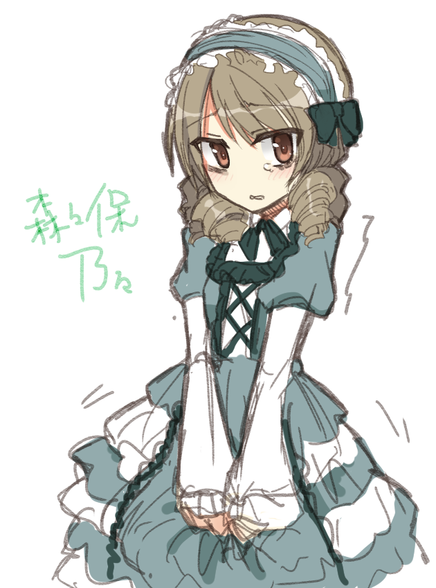 1girl, bangs, blush, bow, brown_eyes, brown_hair, dress, drill_hair