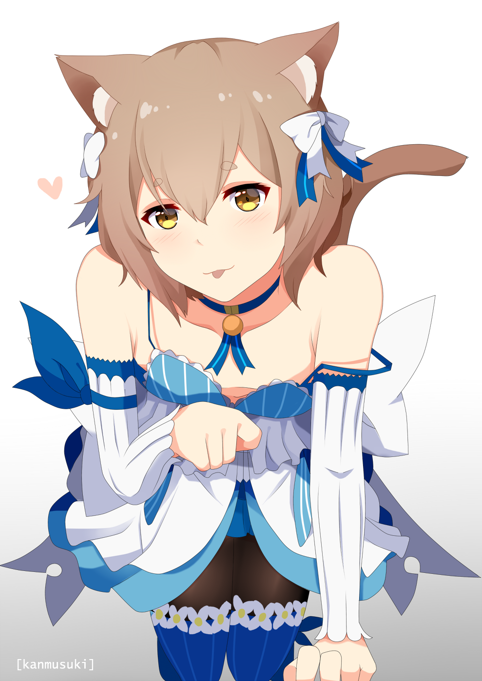 1boy, animal_ears, bare_shoulders, bima_rahmaa, blush, bow, brown_hair, choker