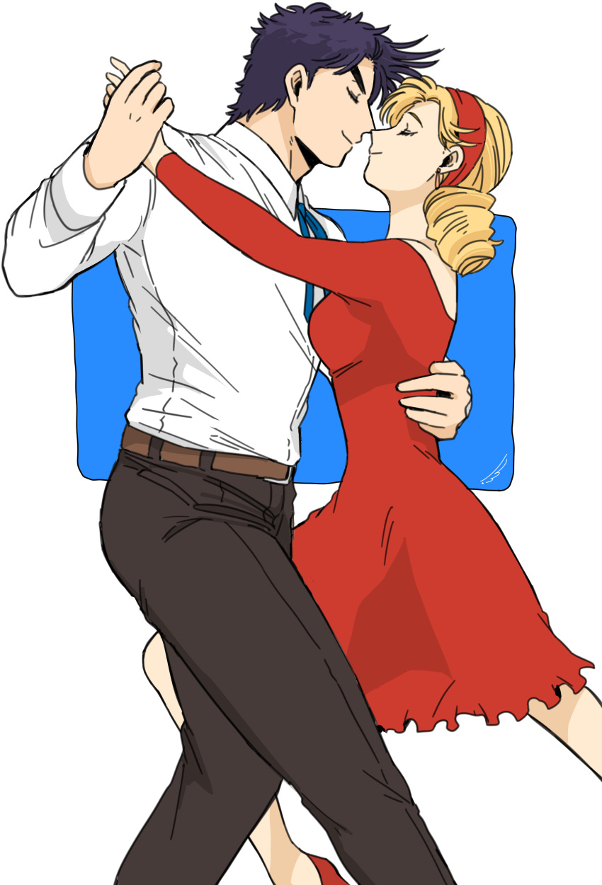 1boy, 1girl, absurdres, arm_around_waist, blonde_hair, closed_eyes, dancing, dress