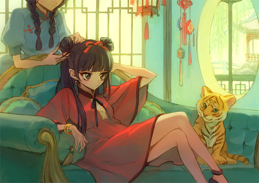 2girls, akiyamabc, anklet, bangle, bangs, black_hair, black_ribbon, blunt_bangs