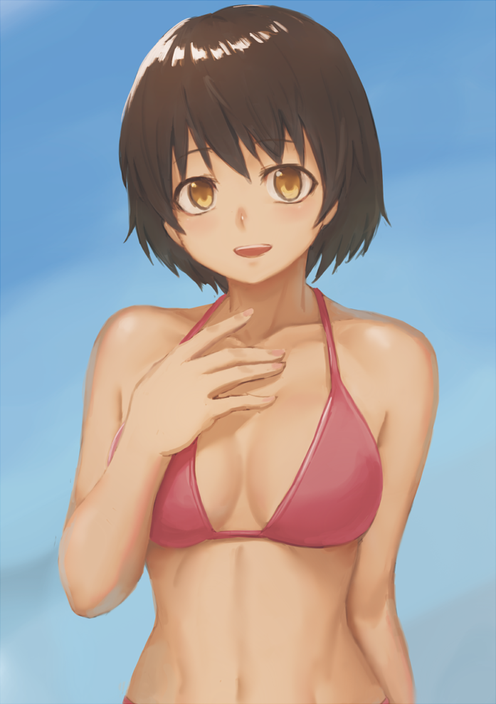 1girl, arm_at_side, bikini, bikini_top, blue_background, breasts, brown_hair, cleavage