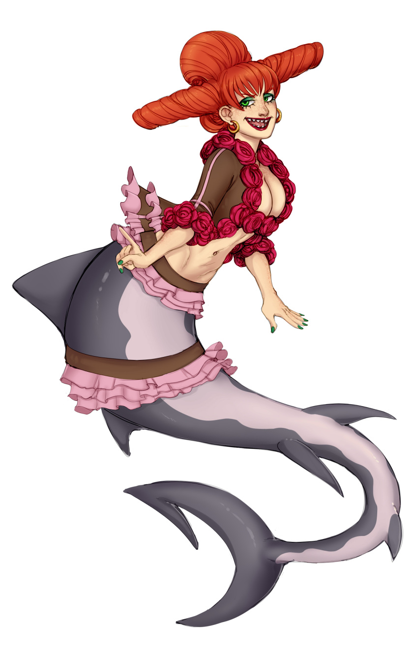 1girl, charlotte_praline, cleavage, earrings, freckles, green_eyes, green_nails, lipstick, mermaid, nail_polish, one_piece, redhead, sharp_teeth, simple_background, solo, teeth, white_background