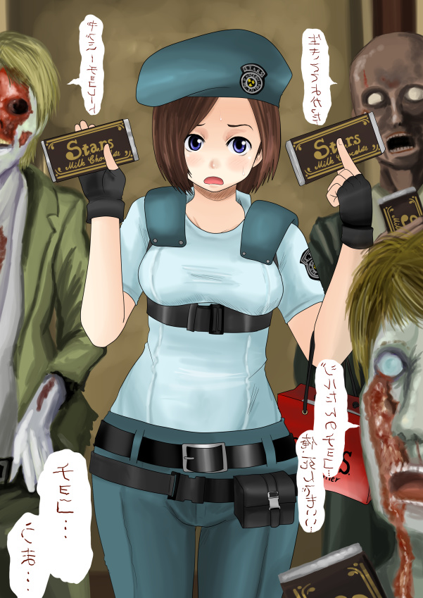 beret, blush, breasts, brown_hair, capcom, chocolate, fingerless_gloves, gloves