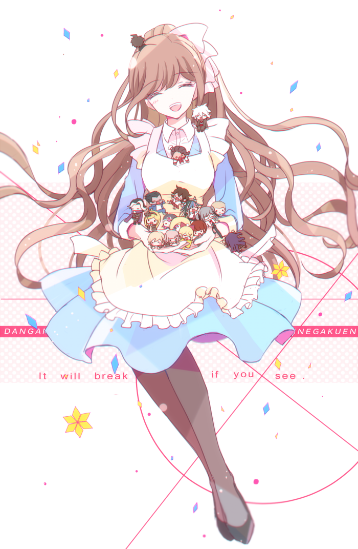 1girl, :d, ^_^, apron, bangs, black_hair, black_legwear, blonde_hair
