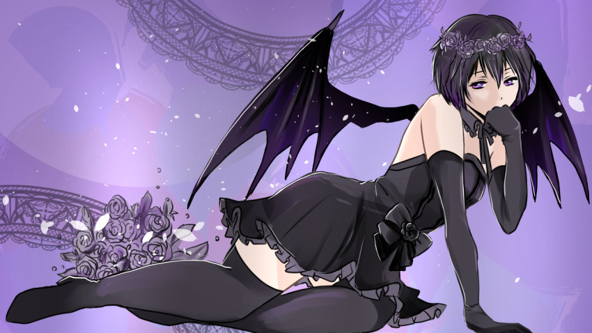 1girl, bat_wings, black_boots, black_dress, black_gloves, black_hair, boots, covering_mouth