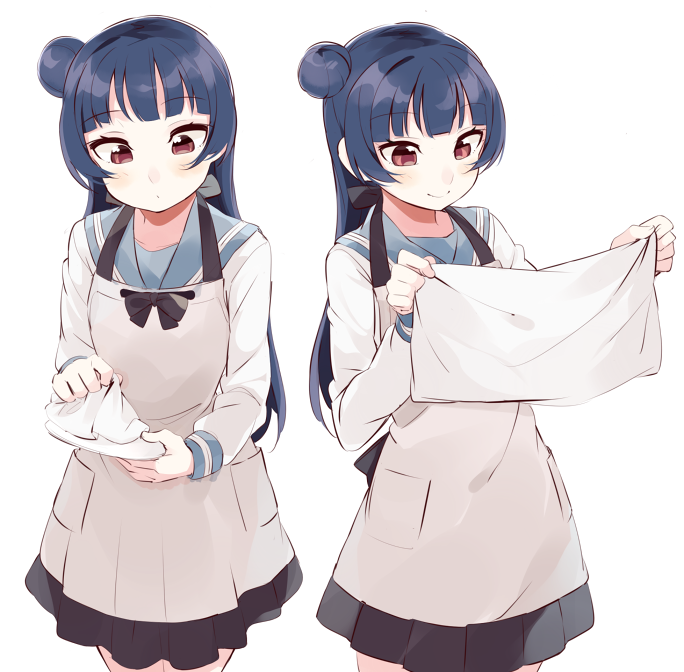 1girl, apron, black_hair, black_skirt, blush, closed_mouth, hair_bun, holding
