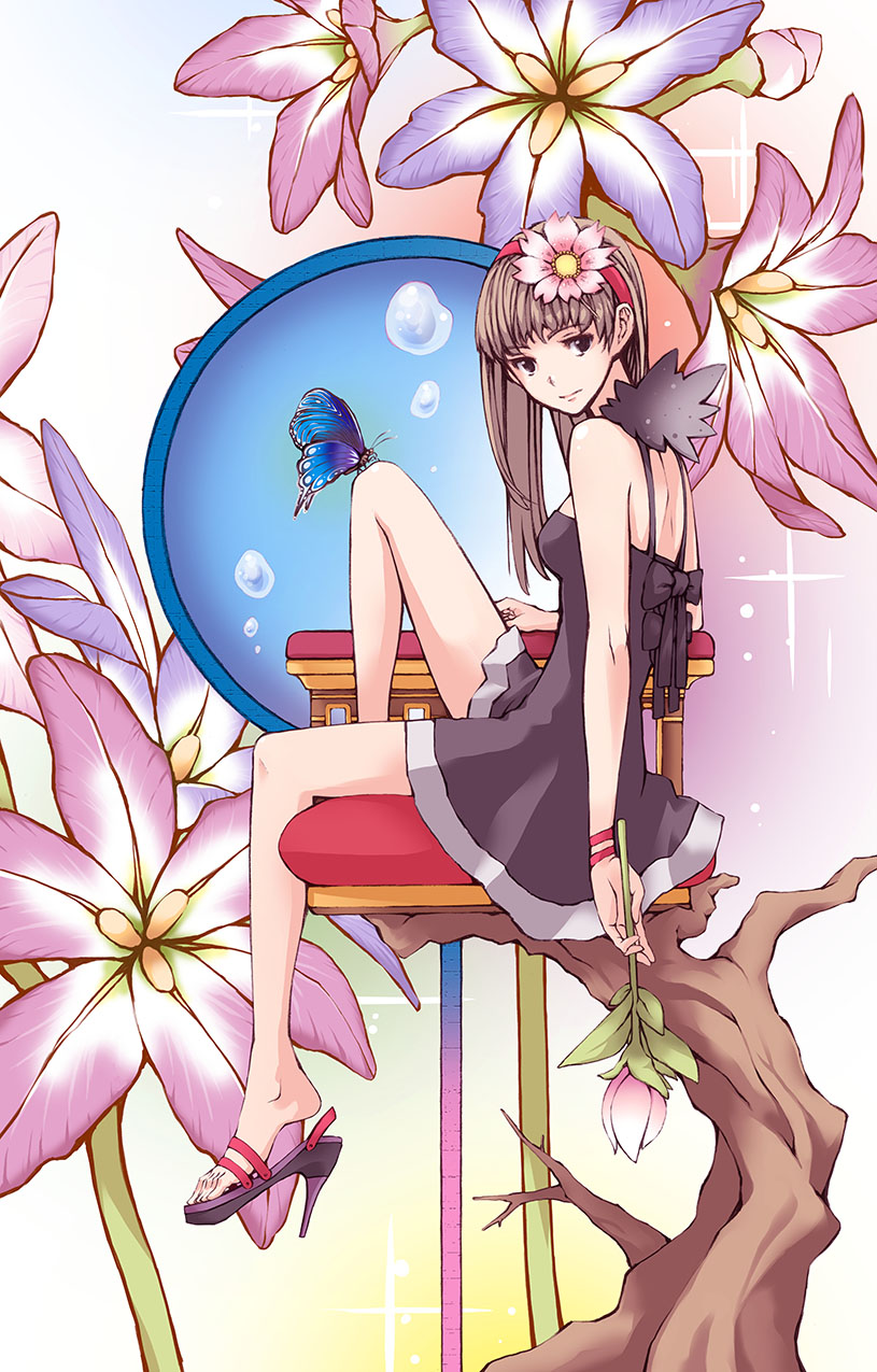 1girl, black_dress, brown_eyes, brown_hair, bubble, butterfly, butterfly_on_knee, closed_mouth