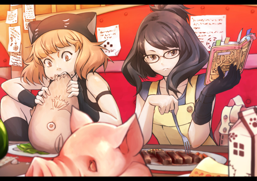 2girls, :t, animal_hat, backpack, bag, bangs, black-framed_eyewear, black_gloves