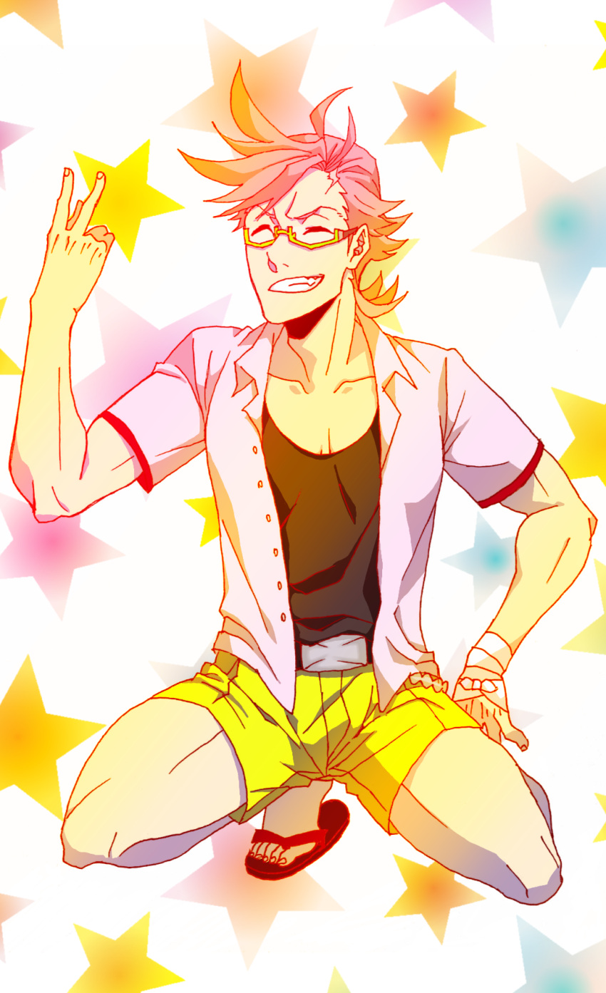 1boy, carnibal0380, glasses, kiznaiver, male_focus, pink_hair, short_hair, solo, tenga_hajime, yellow_eyes