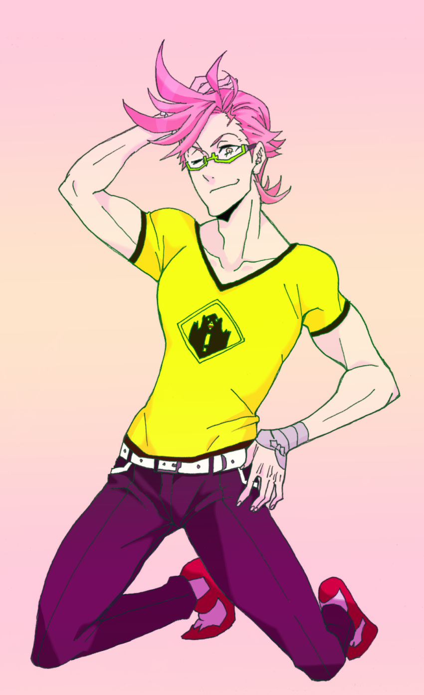 1boy, carnibal0380, glasses, kiznaiver, male_focus, pink_hair, short_hair, solo