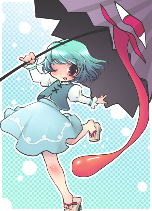 blue_hair, geta, karakasa, karakasa_obake, misokachu, oriental_umbrella, red_eyes, sandals