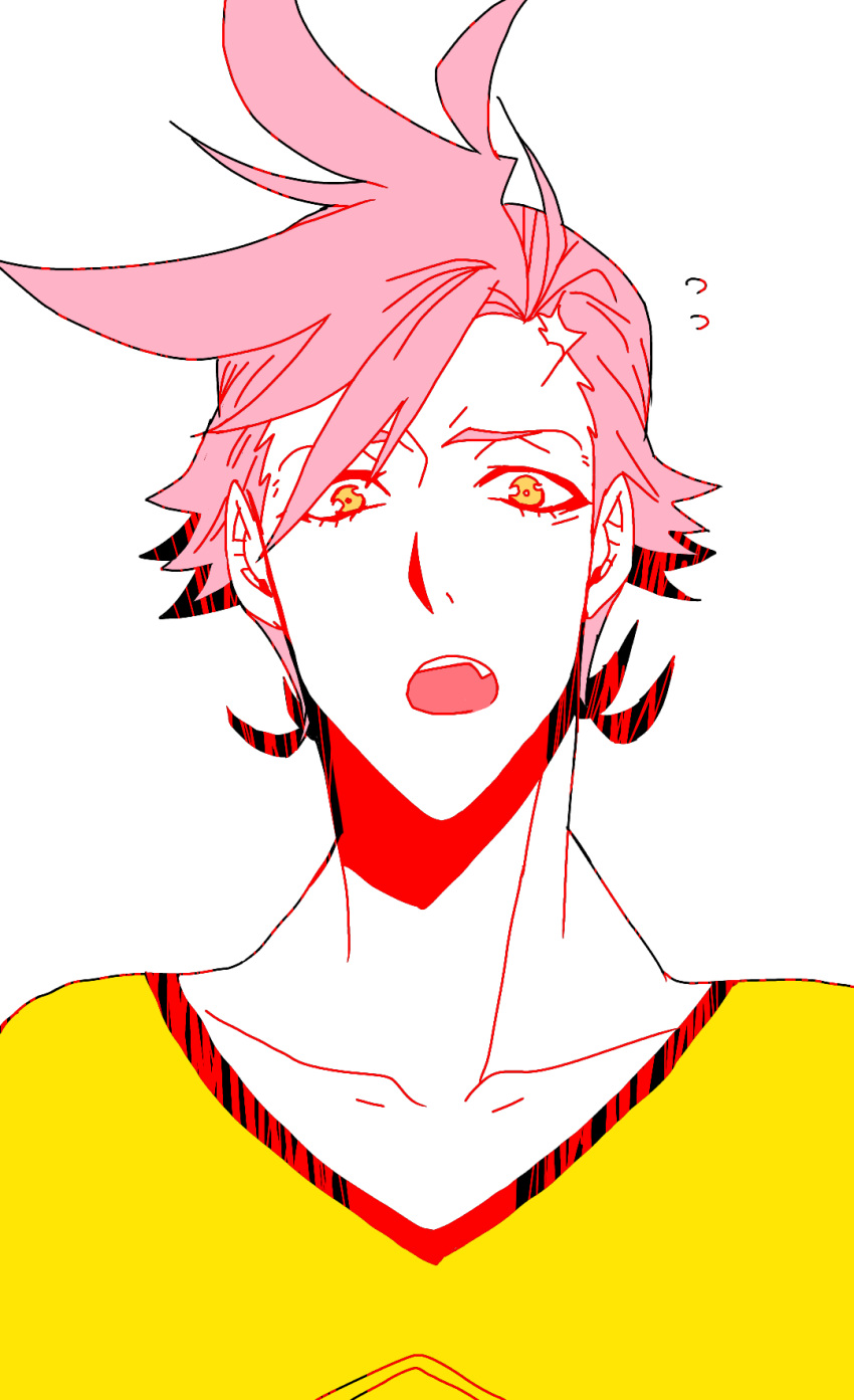 1boy, carnibal0380, kiznaiver, looking_at_viewer, male_focus, open_mouth, pink_hair, short_hair