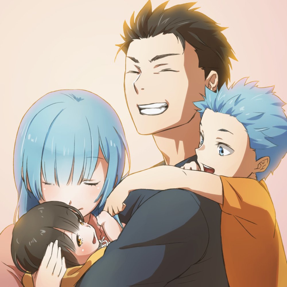 2boys, 2girls, black_hair, blue_eyes, blue_hair, brother_and_sister, brown_eyes, child