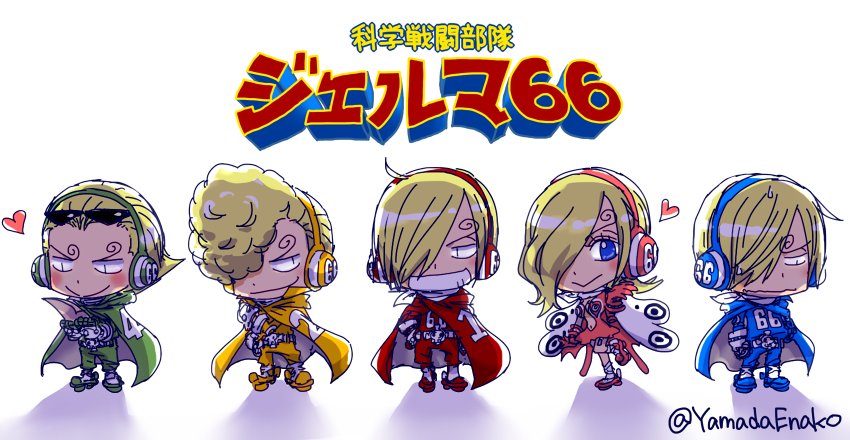 1girl, 4boys, artist_request, blonde_hair, blue_eyes, boots, brother_and_sister, brothers