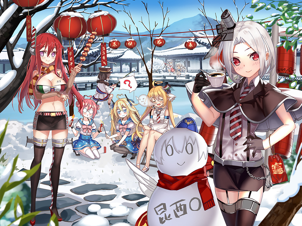 6+girls, :t, ?, ahoge, anchor, aoba_(zhan_jian_shao_nyu), architecture, arm_up