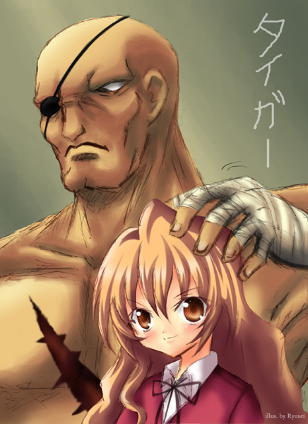 bald, bandages, brown_eyes, brown_hair, crossover, eyepatch, hand_on_head, height_difference