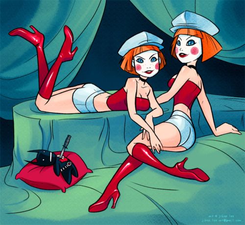 2girls, ass, batman_beyond, blush_stickers, boots, cabbie_hat, character_doll, choker
