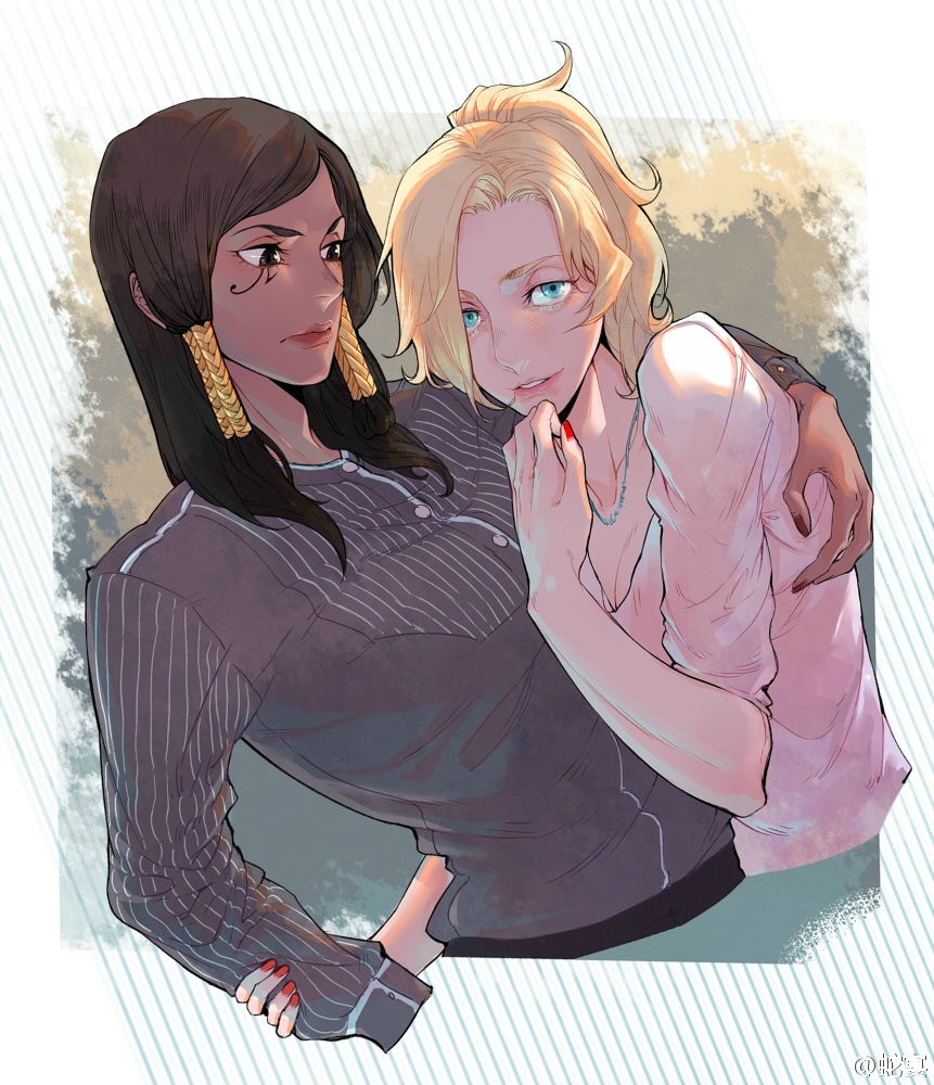 2girls, aqua_eyes, arm_around_shoulder, bangs, black_hair, blonde_hair, blue_eyes, braid
