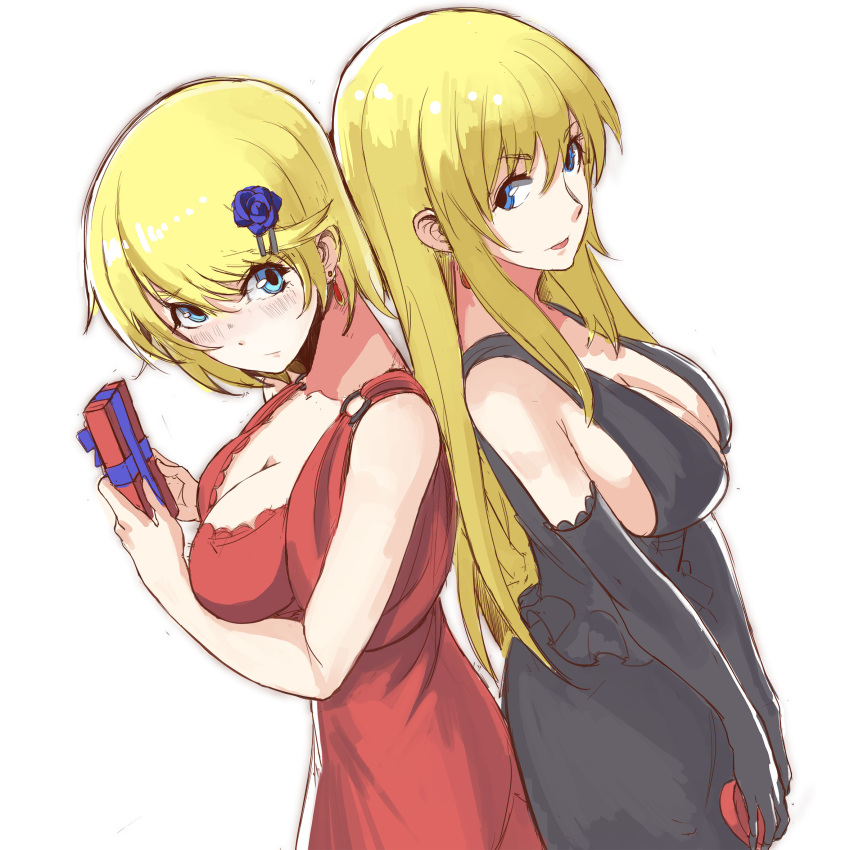 2girls, back-to-back, black_dress, blonde_hair, blue_eyes, breasts, california_(zhan_jian_shao_nyu), cleavage