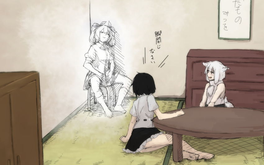 3girls, animal_ears, ashita_no_joe, bangs, barefoot, black_hair, black_skirt, checkered