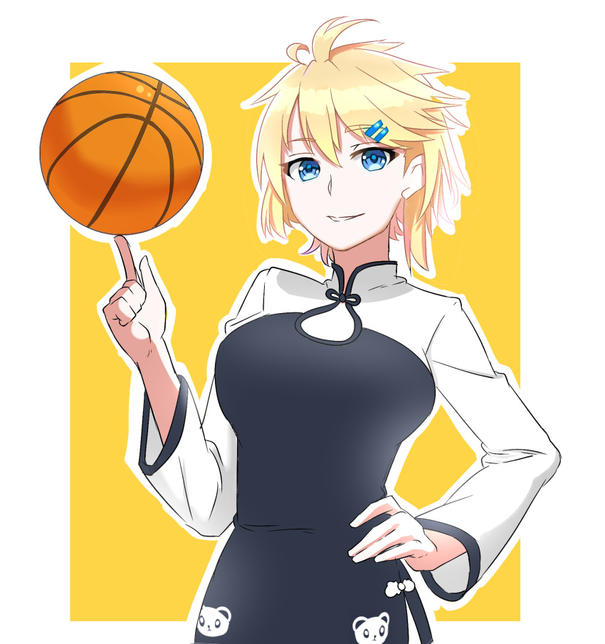 1girl, basketball, blonde_hair, chinese_clothes, hair_ornament, hairclip, hand_on_hip, highres