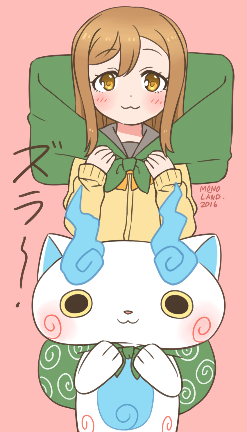 1girl, :3, blush, brown_eyes, brown_hair, company_connection, crossover, furoshiki