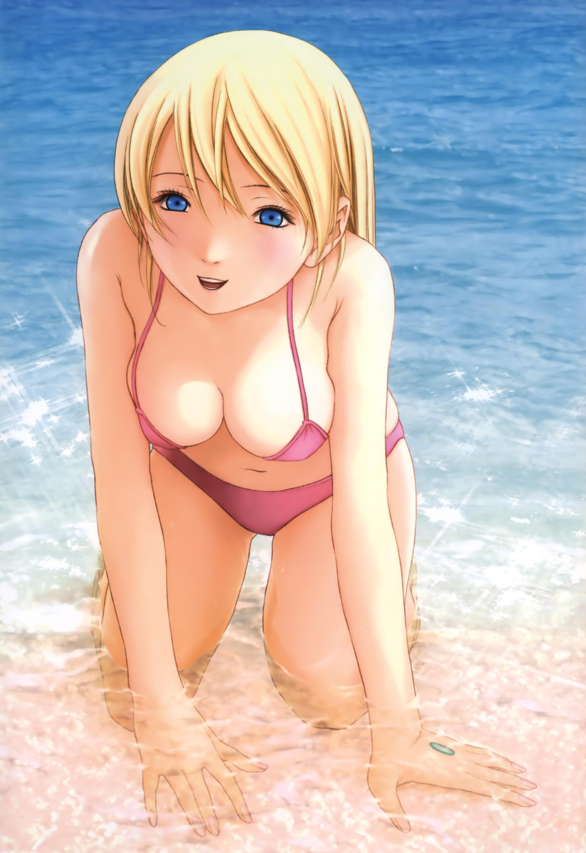 1girl, absurdres, bikini, blonde_hair, blue_eyes, breasts, btooom!, cleavage