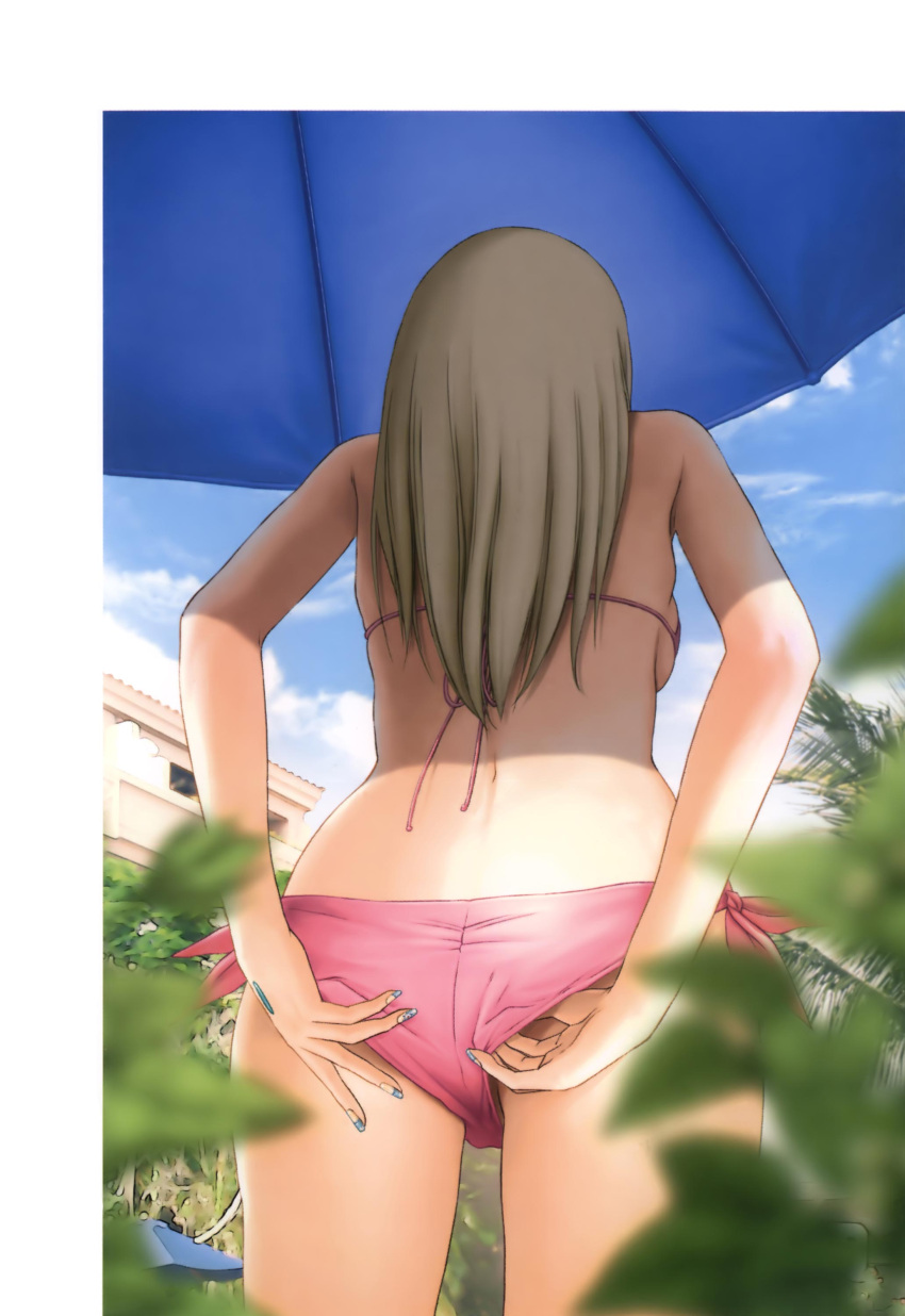 1girl, absurdres, adjusting_clothes, adjusting_swimsuit, ass, bikini, blonde_hair, blue_eyes