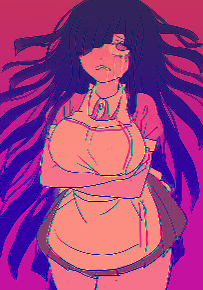 1girl, bandage, breasts, chromatic_aberration, crying, crying_with_eyes_open, dangan_ronpa, drooling